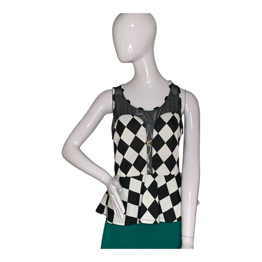 Ambiance Top Sleeveless Black Mesh Peplum Black/White Diamond Print Size S